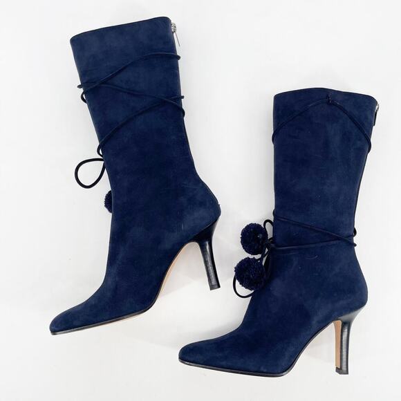 Jimmy Choo Retro y2k Navy Blue Suede Pom Pom Tie Mid-Calf Heeled Boot IT 37.5 - Picture 4 of 12